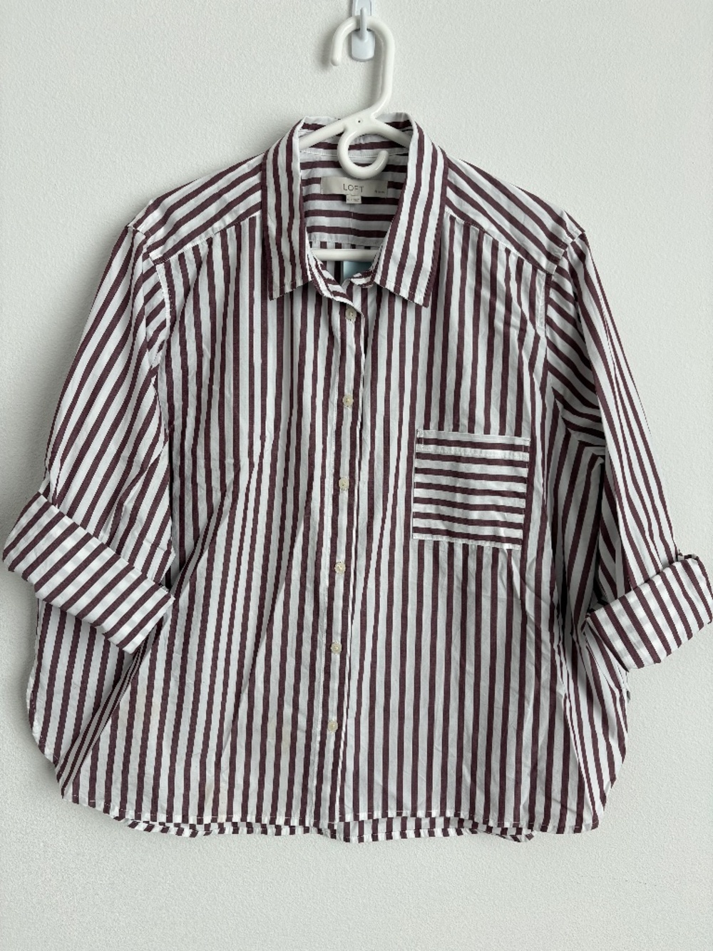 LOFT Striped Poplin Relaxed Pocket Shirt NWT (XXL Petite | Smoked Garnet)